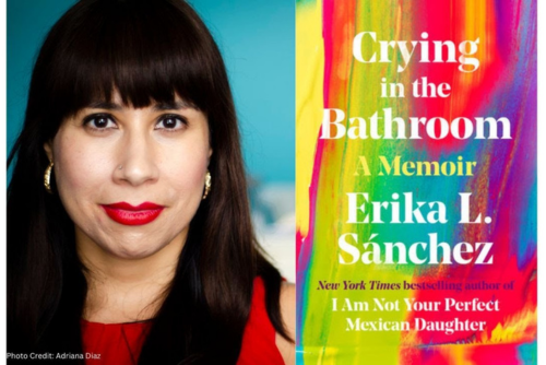 Photo of the author, Erika Sánchez, and her book, "Crying in the Bathroom"