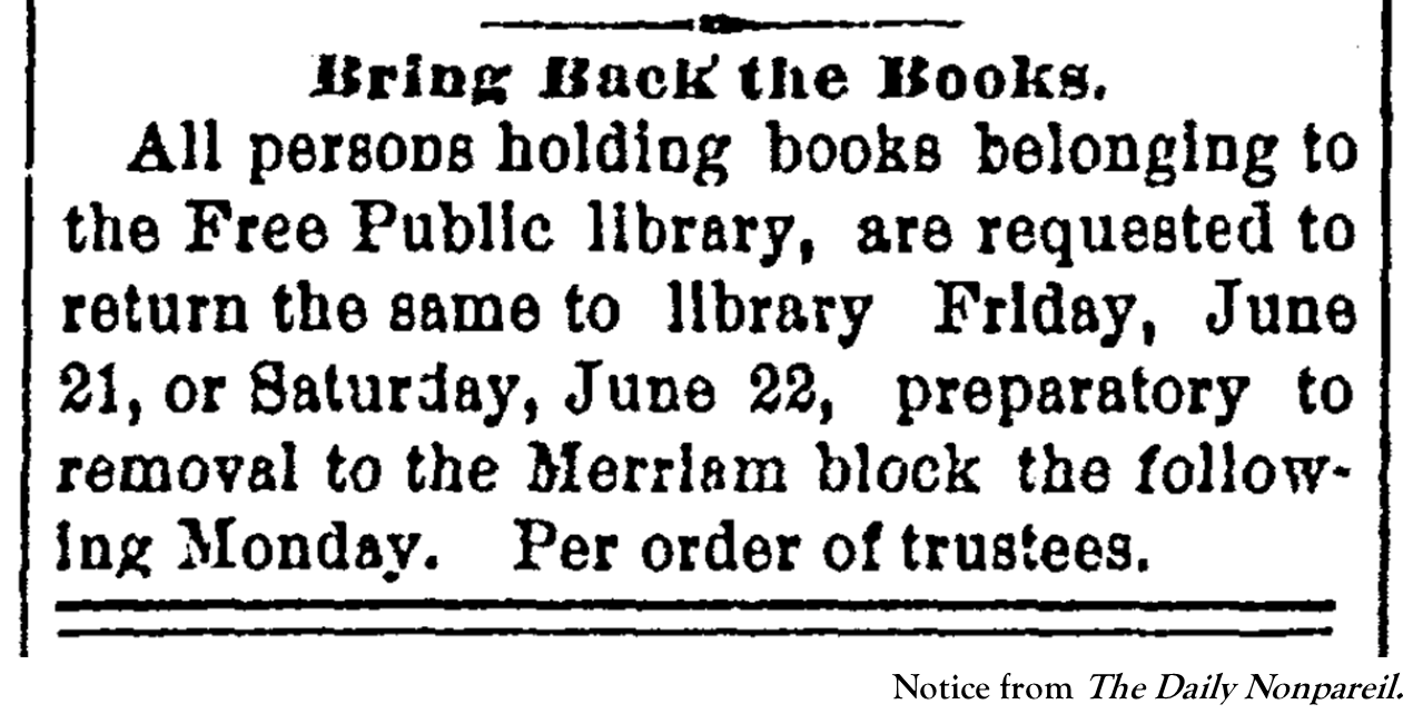 Notice from The Daily Nonpareil in 1889