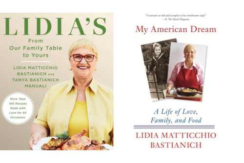 Photo of author, Lidia Bastianich, and her book "My American Dream"
