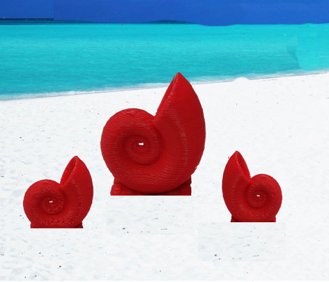 Three 3D printed red shells on a white sandy beach