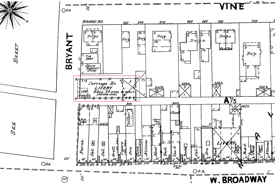 Photo of the 1891 Sanborn map showing Bryant Street, Vine Street, and West Broadway. The Old Dohany Opera House is outlined in a red box