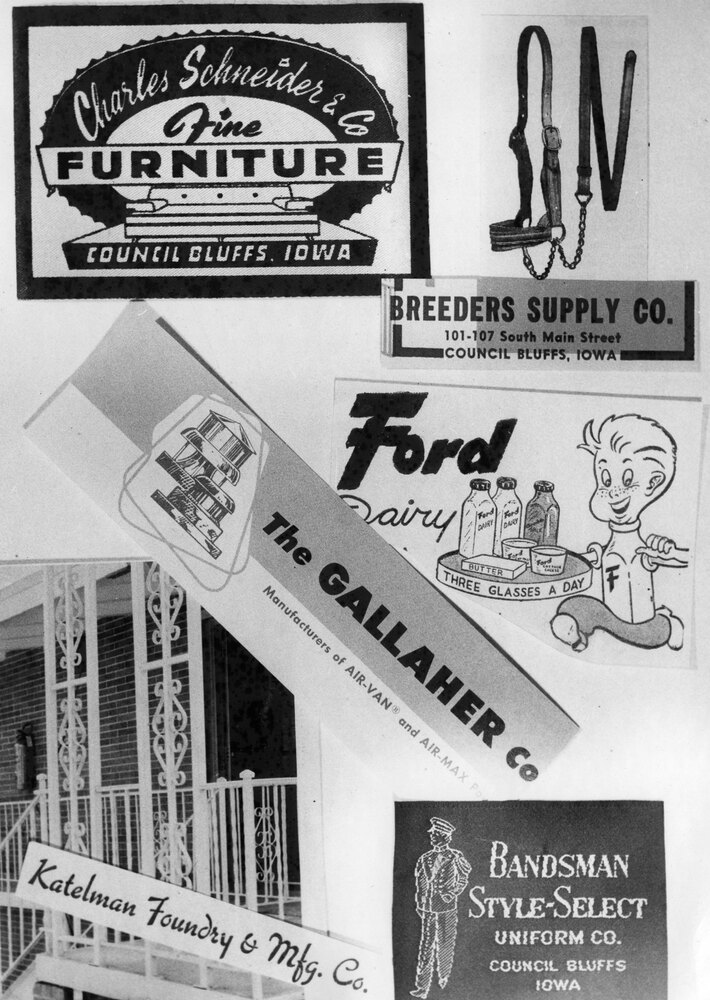 Photo of various company logos including Breeders Supply Company, Charles Schneider and Company, Ford Dairy, The Gallaher Company, Katelman Foundry & Manufacturing Company, and Bandsman Style-Select Uniform Company