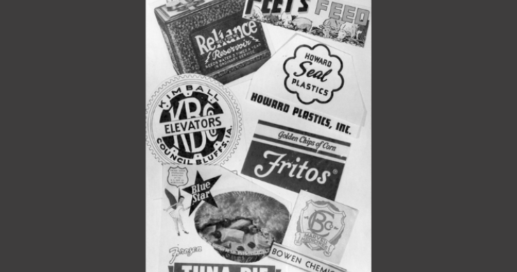 Photo of various business logos from August 21, 1958 issue of the Daily Nonpareil. Logos include Peet's Feed, Reliance Batteries, Blue Star Foods, Bowen Chemical Company, Howard Plastics, Kimball Elevators, and Fritos