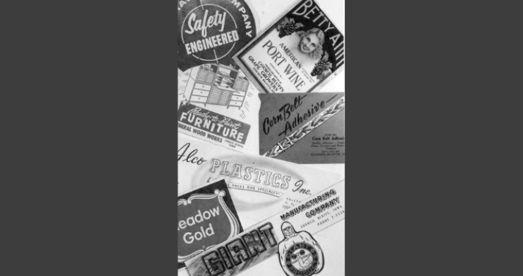 Photo of various company logos including Parawax Company, Betty Ann Port Wine label from the Council Bluffs Grape Growers Association, Ready-to-Paint Furniture by General Wood Works, Corn Belt Adhesive, Alco Plastics, Inc., Meadow Gold, and Giant Manufacturing Company