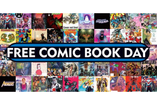 Free Comic Book Day logo with comic book covers in the background