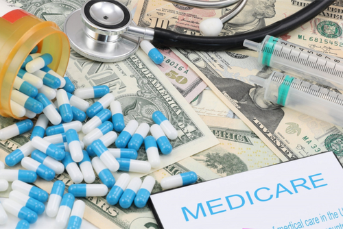 various items: medication, money, a stethoscope, syringes and the word Medicare.