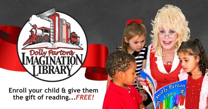 Dolly Parton's Imagination Library header featuring Dolly reading to three children