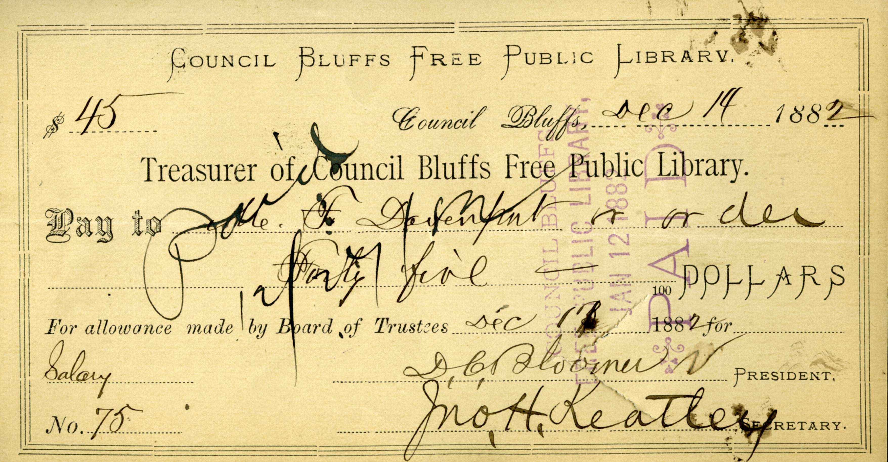 Salary check to Mrs. Davenport, 1882.