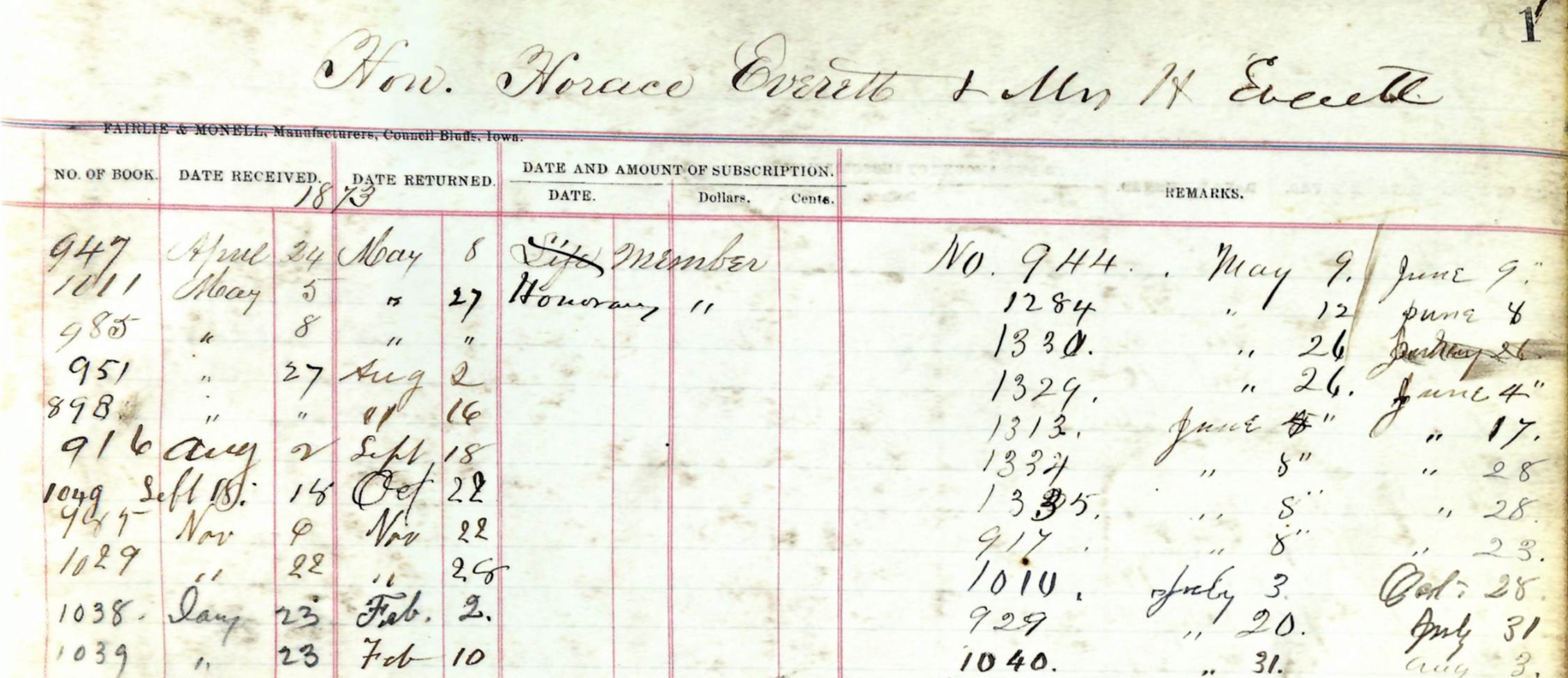 Checkout record for Horace and Mary Everett from the subscription library, 1873