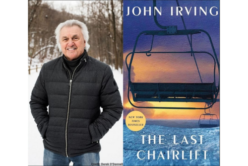 Photo of author, john Irving, and his book "The Last Chairlift"