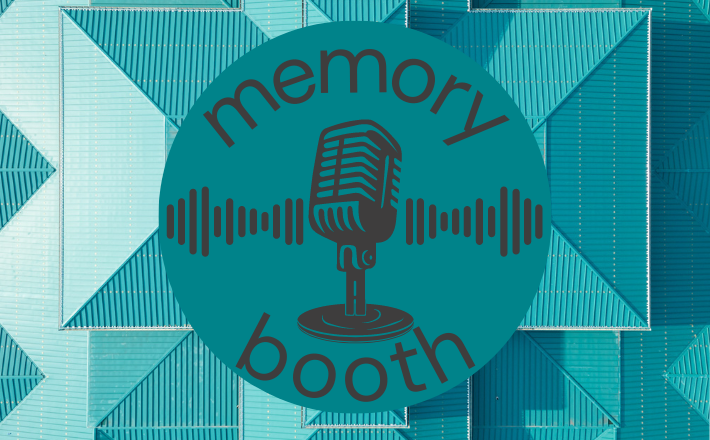 teal background with podcast microphone, memory booth