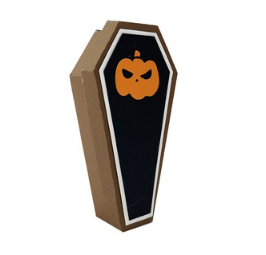 A papercut coffin with a pumpkin design
