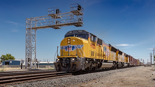 Union Pacific Railroad train engine in front of a blue sky
