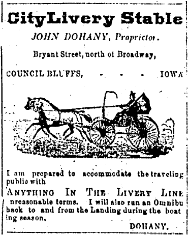 Photo of a newspaper advertisement from the Daily Nonpareil. The ad is for John Dohany's livery stable on Bryant Street