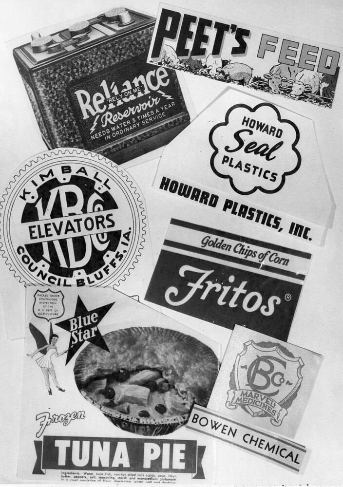 Photo of various business logos from August 21, 1958 issue of the Daily Nonpareil. Logos include Peet's Feed, Reliance Batteries, Blue Star Foods, Bowen Chemical Company, Howard Plastics, Kimball Elevators, and Fritos