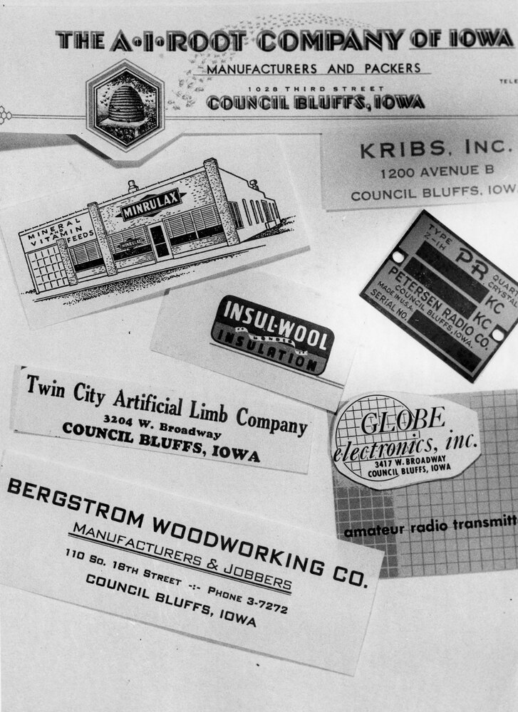 Photo of various company logos including The A. I. Root Company, Kribs, Inc., Minrulax, Inc., Insul-Wool Insulation Company, Petersen Radio Company, Inc., Twin City Artificial Limb Company, Globe Electronics, Inc., and Bergstrom Woodworking Company