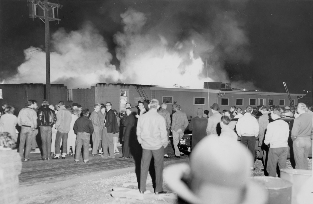 Photo of the fire at Bergstrom Woodworking on November 26, 1962