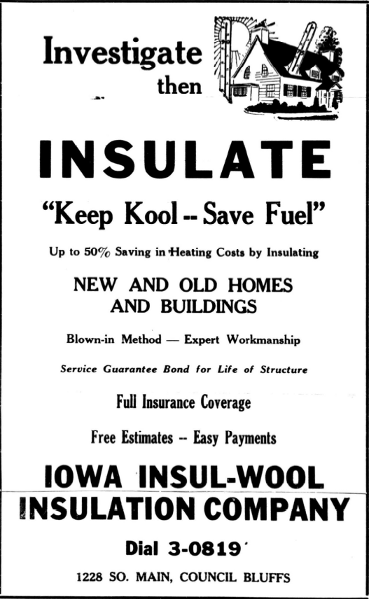 An advertisement for Insul-Wool Insulation Company from the 1946 Council Bluffs city directory