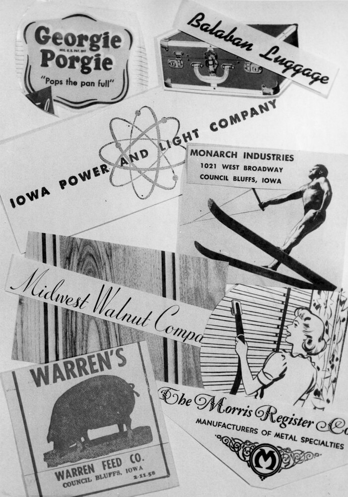 Photo of various company logos including Georgie Porgie, Balaban Luggage, Iowa Power and Light Company, Monarch Industries, Midwest Walnut Company, The Morris Register Company, and Warren Feed Company