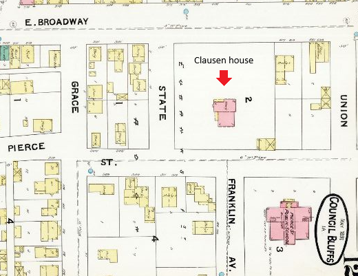 Fire Insurance Map from 1891 showing the Clausen house at Broadway and State St.