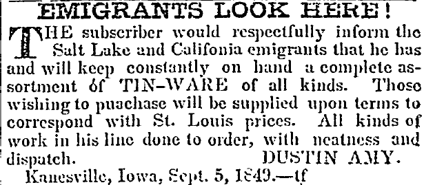 Daily Nonpareil article from September 5, 1849 that shows an ad for Dustin Amy's tin shop