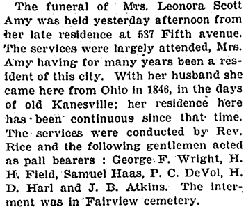 Leonora Amy's obituary from the Daily Nonpareil, March 6, 1899.