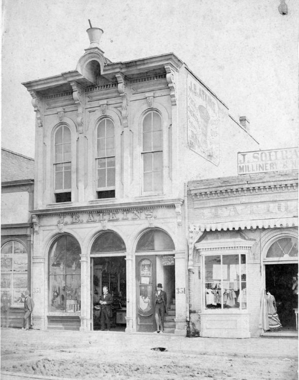 John B. Atkins druggist store located at 351 Broadway, circa 1880.