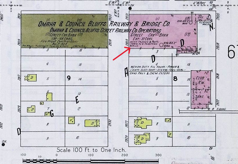 Fire Insurance Map of the Council Bluffs Street Car Storage barn and office a red arrow points out the plot where it was located. 