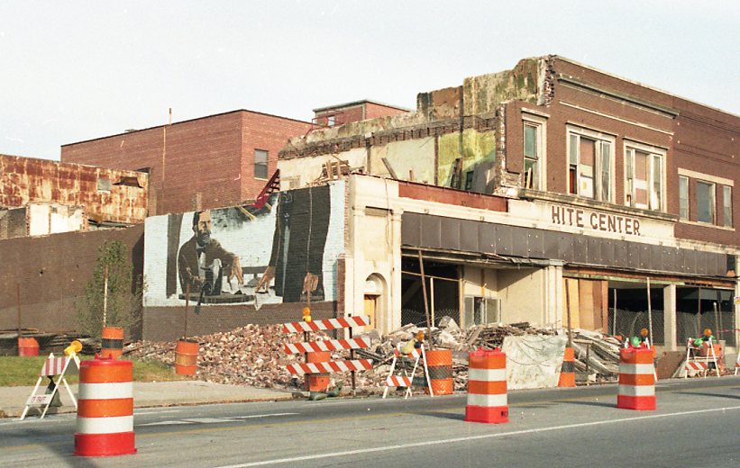 Photo of the demolition of the Hite Center's Council Bluffs Scenes of History mural