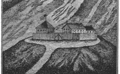 Monochrome print of a wooden fort on top of a hill.