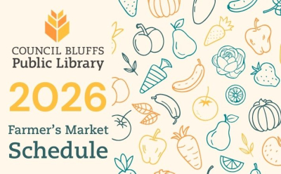 Left side Logo of Council Bluffs Public Library with text 2026 Farmer's Market Schedule on right side line drawings of multi-colored fruits and vegetables 