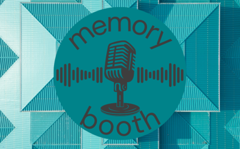teal background with podcast microphone, memory booth