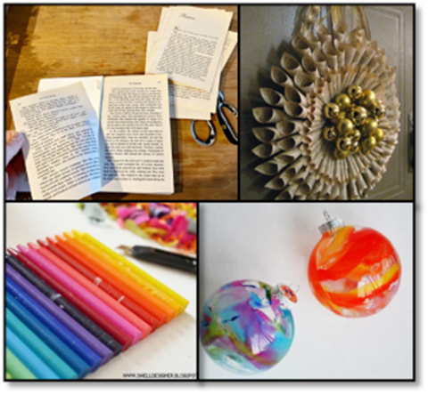 Book paper wreath and crayon drip ornament