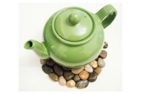 Green Tea Pot on a River Rock Trivet
