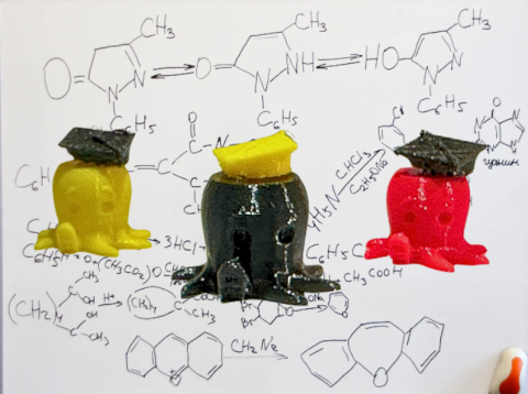 May's free 3D print red, yellow, and black octos with grad hats on. 