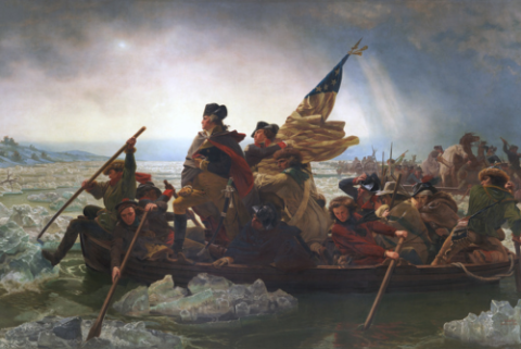 image of soldiers rowing a small boat on frozen river with flag in background 
