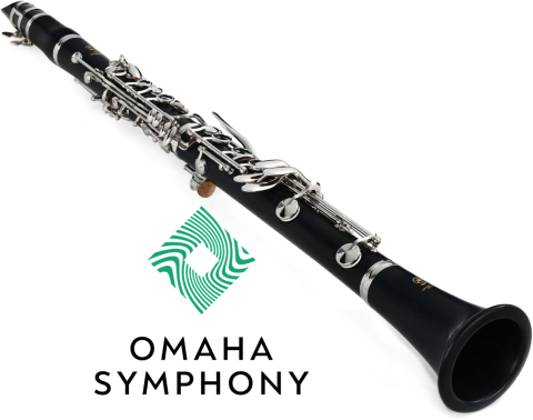 Omaha Symphony logo and a black clarinet