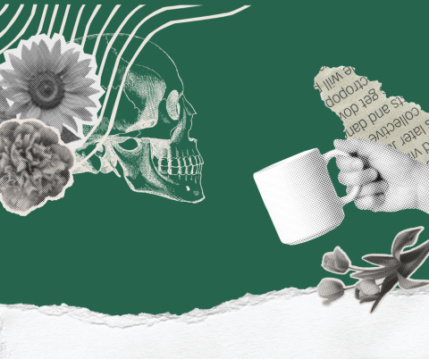 flowers with a skull and hand holding coffee cup 