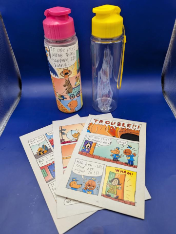 Plastic water bottles decorated with graphic novel book pages.