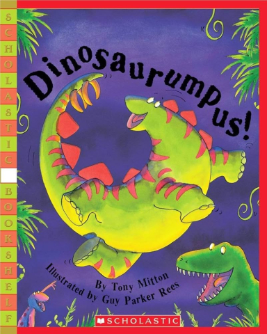 Dinosaur dancing on the cover of a book.