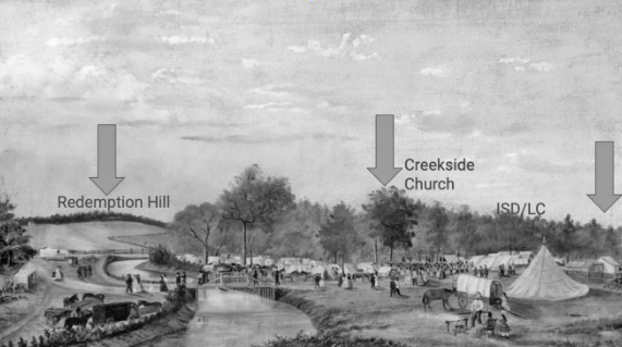 Photo of an encampment with arrows denoting present day locations.