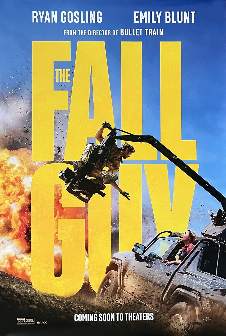 The Fall Guy Poster. Ryan Gosling on a crane, Emily Blunt in a truck