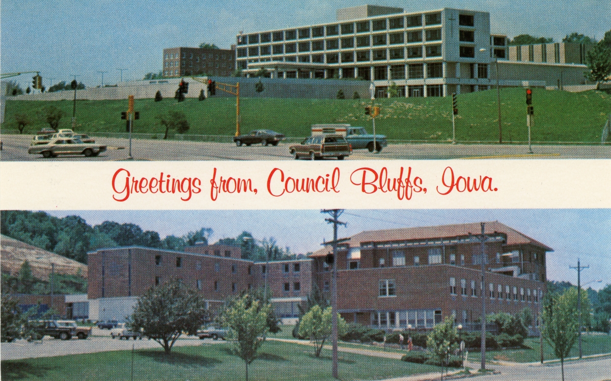 Postcard of Mercy Hospital and Jennie Edmundson Memorial Hospital