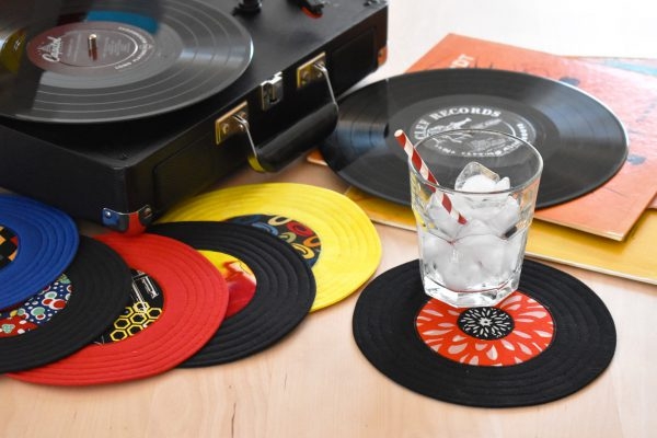 A fabric coaster made to look like a 45rpm record.