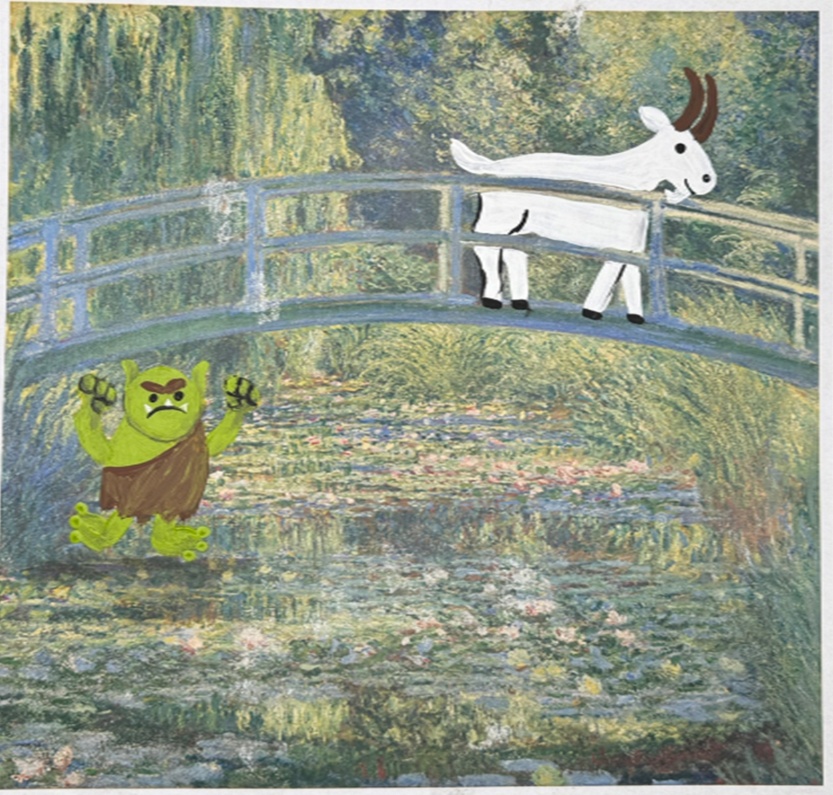 Billy goat on a bridge with troll underneath.