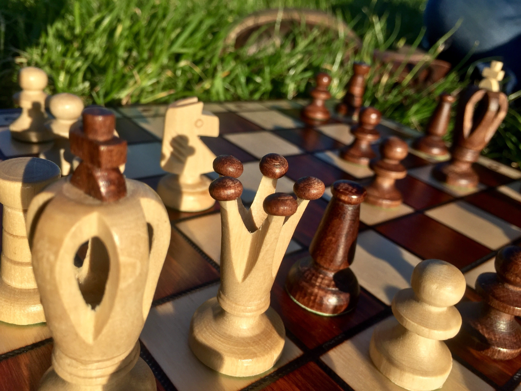 photo of chess pieces background green grass