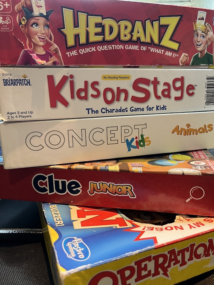 Stack of kids board games.