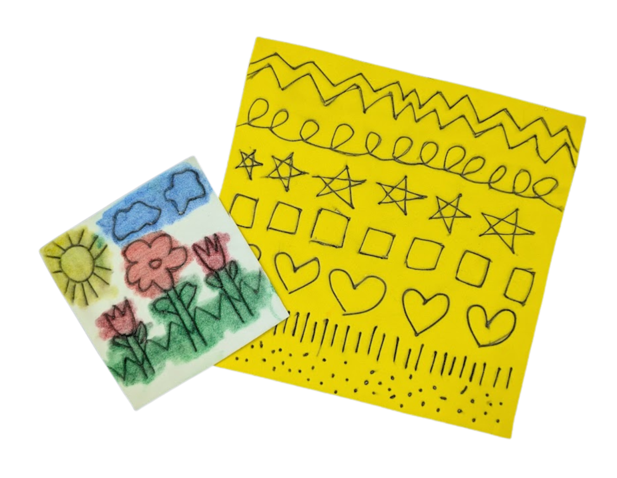 Water color flowers, a sun, and clouds. Yellow craft foam  with shapes.