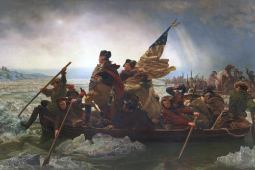 image of soldiers rowing a small boat on frozen river with flag in background 