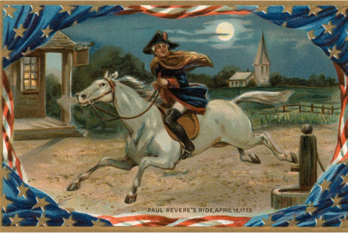 Man on horseback with American flag around border. 